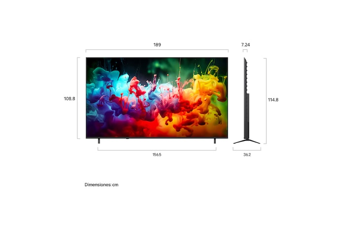 LG QNED AI QNED74 Mini LED shown in front and side views highlights an 85-inch display with a 1890 mm-wide screen, 1088 mm screen height, 1148 mm height with stand, a 72.4 mm profile depth, and a stand footprint measuring 1565 by 362 mm.